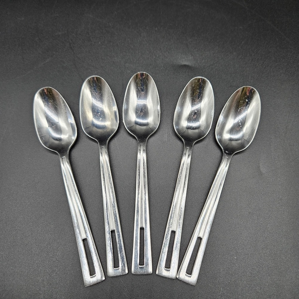 5 Oneida CIRCUIT Stainless Teaspoons Pierced Handle Flatware Glossy Satin 6 3/8"